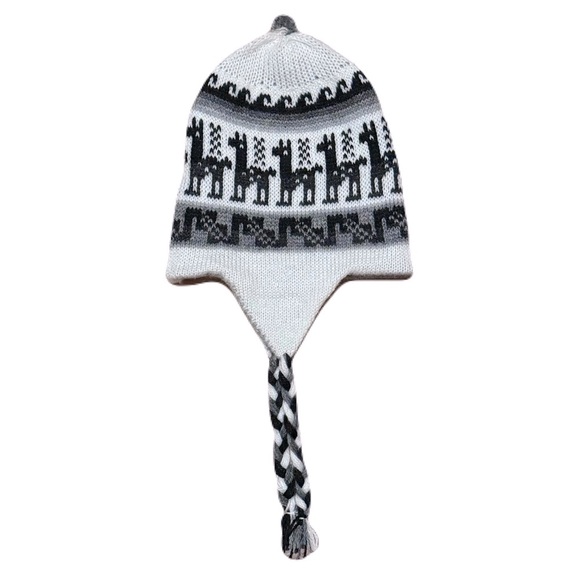 Bolivian Earflap Chullo Kint Hat Black Llama Designed Reversible Gray and White - Picture 7 of 9